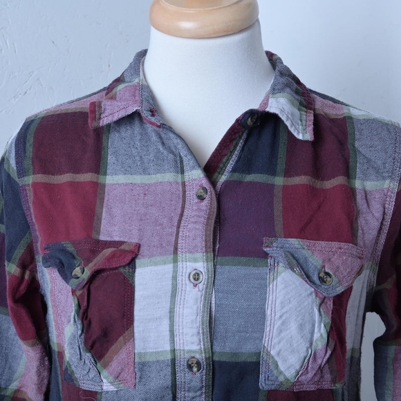 Kismet | Burgundy multicolored plaid half button down long sleeve - Picture 3 of 10